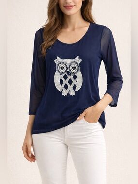 Rara Avis Navy White Sheer Owl Top Embroidered  Size Medium